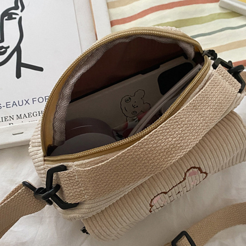 Kawaii Messenger kott Corduroy Crossbody kotid Väike hoiustamine huulepulk Kosmeetika kott Tikand Cartoon Bear Shopping Käekott Uus