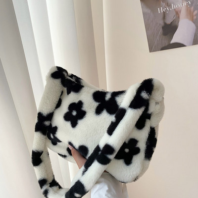 2021 INS Fashion Γυναικείες τσάντες ώμου με μοτίβο λουλουδιών Γυναικείες χειμωνιάτικες βελούδινες τσάντες μασχάλης από ψεύτικη γούνα Τσάντα χειρός Γούνινα αφράτα τσαντάκια