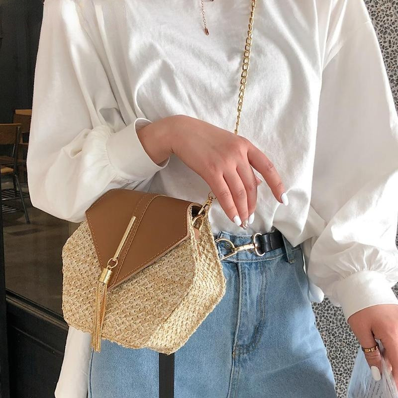 Kuuskujuline mulit-stiilis õlg+nahast käekott Naiste suvine rotangist kott Käsitsi valmistatud kootud rannaringi Bohemia õlakott uus mood