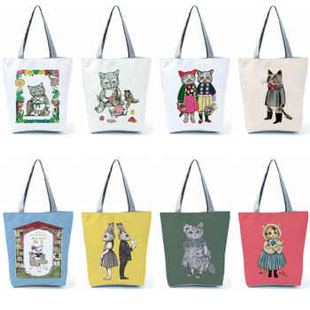 Γυναικεία Cute Cat Creen Casual Tote κινούμενα σχέδια κινουμένων σχεδίων φιλική προς το περιβάλλον Τσάντα αγορών Καθημερινή φορητή γυναικεία τσάντα ώμου υψηλής χωρητικότητας