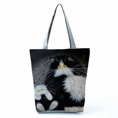 Cute Cat Creen Ежедневна дамска чанта с карикатура и анимация Екологична пазарска чанта Ежедневна преносима дамска чанта през рамо с голям капацитет