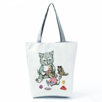 Cute Cat Creen Ежедневна дамска чанта с карикатура и анимация Екологична пазарска чанта Ежедневна преносима дамска чанта през рамо с голям капацитет