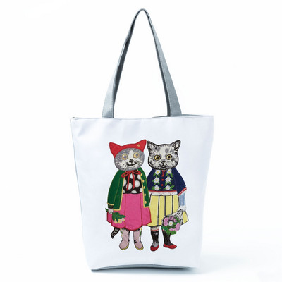 Cute Cat Creen Ежедневна дамска чанта с карикатура и анимация Екологична пазарска чанта Ежедневна преносима дамска чанта през рамо с голям капацитет