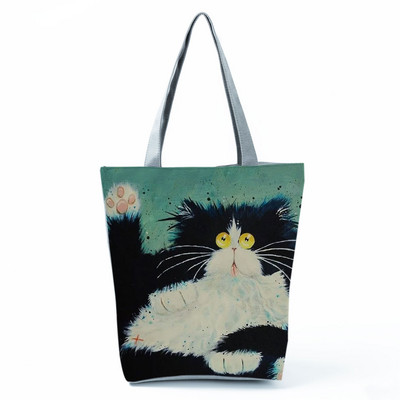 Cute Cat Creen Ежедневна дамска чанта с карикатура и анимация Екологична пазарска чанта Ежедневна преносима дамска чанта през рамо с голям капацитет