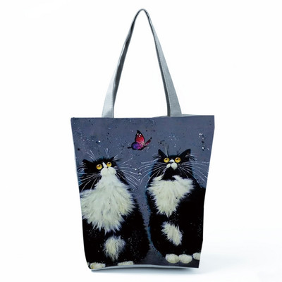 Cute Cat Creen Ежедневна дамска чанта с карикатура и анимация Екологична пазарска чанта Ежедневна преносима дамска чанта през рамо с голям капацитет