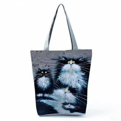 Cute Cat Creen Ежедневна дамска чанта с карикатура и анимация Екологична пазарска чанта Ежедневна преносима дамска чанта през рамо с голям капацитет