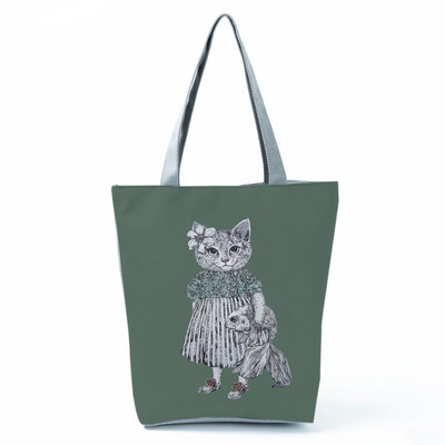 Cute Cat Creen Ежедневна дамска чанта с карикатура и анимация Екологична пазарска чанта Ежедневна преносима дамска чанта през рамо с голям капацитет