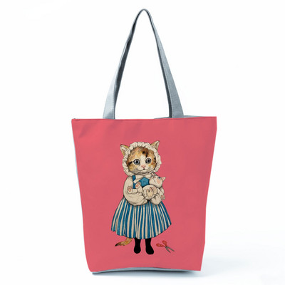 Cute Cat Creen Ежедневна дамска чанта с карикатура и анимация Екологична пазарска чанта Ежедневна преносима дамска чанта през рамо с голям капацитет