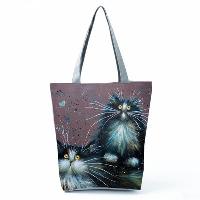 Cute Cat Creen Ежедневна дамска чанта с карикатура и анимация Екологична пазарска чанта Ежедневна преносима дамска чанта през рамо с голям капацитет