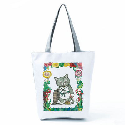 Cute Cat Creen Ежедневна дамска чанта с карикатура и анимация Екологична пазарска чанта Ежедневна преносима дамска чанта през рамо с голям капацитет