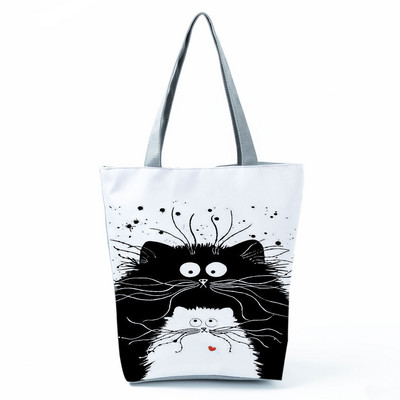 Cute Cat Creen Ежедневна дамска чанта с карикатура и анимация Екологична пазарска чанта Ежедневна преносима дамска чанта през рамо с голям капацитет