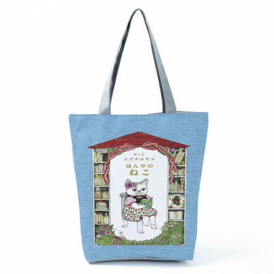 Cute Cat Creen Ежедневна дамска чанта с карикатура и анимация Екологична пазарска чанта Ежедневна преносима дамска чанта през рамо с голям капацитет