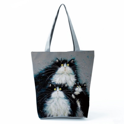 Cute Cat Creen Ежедневна дамска чанта с карикатура и анимация Екологична пазарска чанта Ежедневна преносима дамска чанта през рамо с голям капацитет