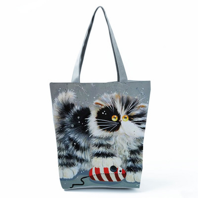 Cute Cat Creen Ежедневна дамска чанта с карикатура и анимация Екологична пазарска чанта Ежедневна преносима дамска чанта през рамо с голям капацитет