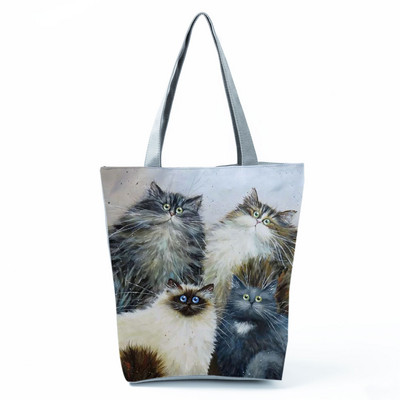 Cute Cat Creen Ежедневна дамска чанта с карикатура и анимация Екологична пазарска чанта Ежедневна преносима дамска чанта през рамо с голям капацитет
