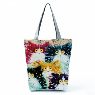 Cute Cat Creen Ежедневна дамска чанта с карикатура и анимация Екологична пазарска чанта Ежедневна преносима дамска чанта през рамо с голям капацитет