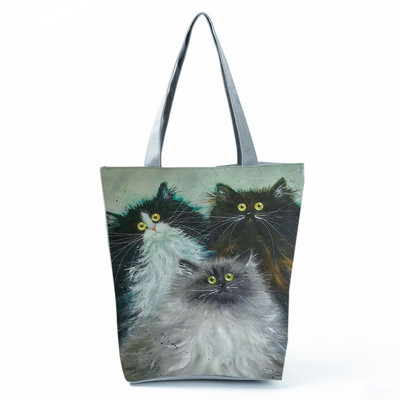 Cute Cat Creen Ежедневна дамска чанта с карикатура и анимация Екологична пазарска чанта Ежедневна преносима дамска чанта през рамо с голям капацитет