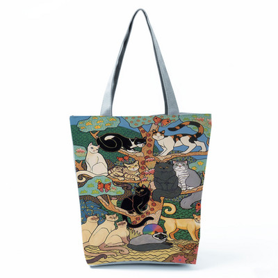 Cute Cat Creen Ежедневна дамска чанта с карикатура и анимация Екологична пазарска чанта Ежедневна преносима дамска чанта през рамо с голям капацитет