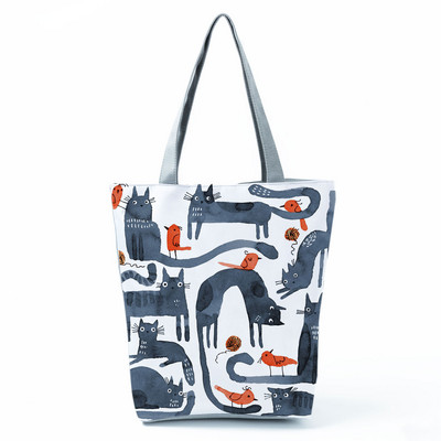 Cute Cat Creen Ежедневна дамска чанта с карикатура и анимация Екологична пазарска чанта Ежедневна преносима дамска чанта през рамо с голям капацитет