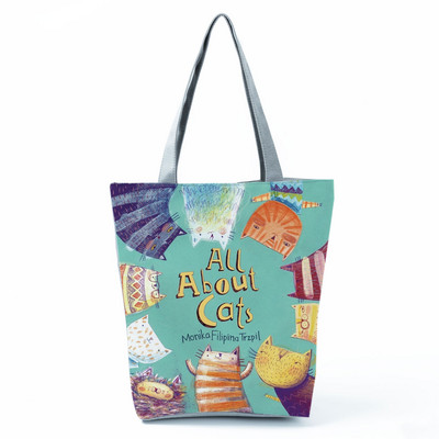 Cute Cat Creen Ежедневна дамска чанта с карикатура и анимация Екологична пазарска чанта Ежедневна преносима дамска чанта през рамо с голям капацитет