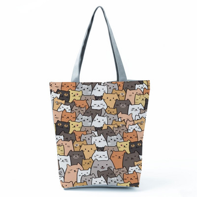 Cute Cat Creen Ежедневна дамска чанта с карикатура и анимация Екологична пазарска чанта Ежедневна преносима дамска чанта през рамо с голям капацитет
