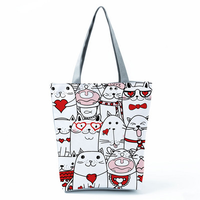 Cute Cat Creen Ежедневна дамска чанта с карикатура и анимация Екологична пазарска чанта Ежедневна преносима дамска чанта през рамо с голям капацитет