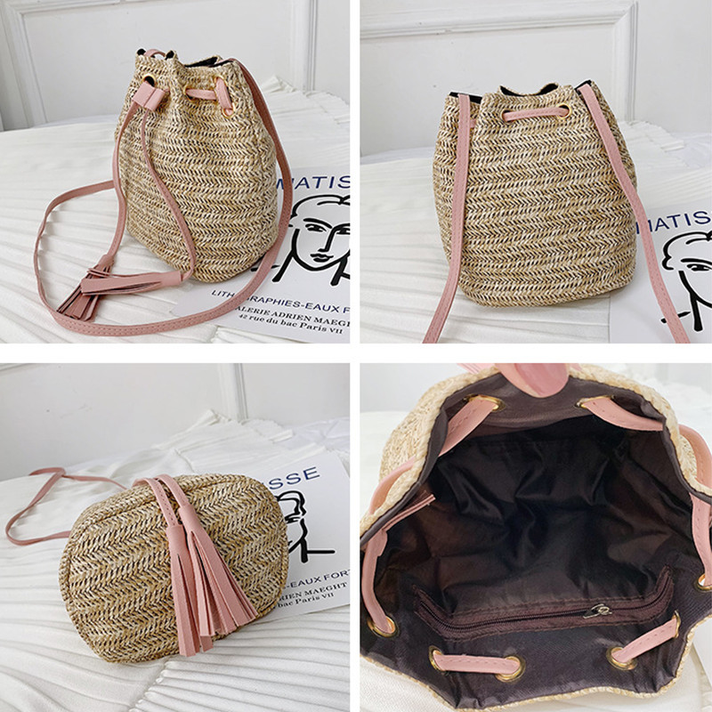 Pingutusnöör naiste õlgedest ämbrikott Suvine kootud õlakott Ostude rahakott Rannakäekott Õlgest käekotid Reisikott