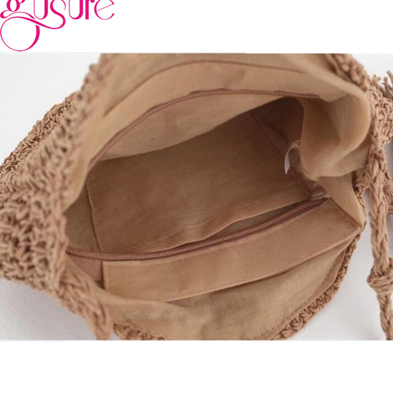 Gusure kézi-horgolt kötés szalma kereszttartó táska kerek szőtt kötött kézitáska puha strand női bojttáska lányok futártáska