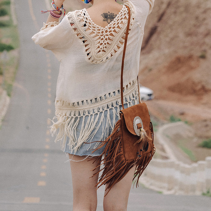 Ματ PU δερμάτινη τσάντα ώμου Γυναικεία τσάντα χιαστί με φούντα Fashion Feather τσάντα Messenger National Small Flap Τσάντες Lady Purse bolso