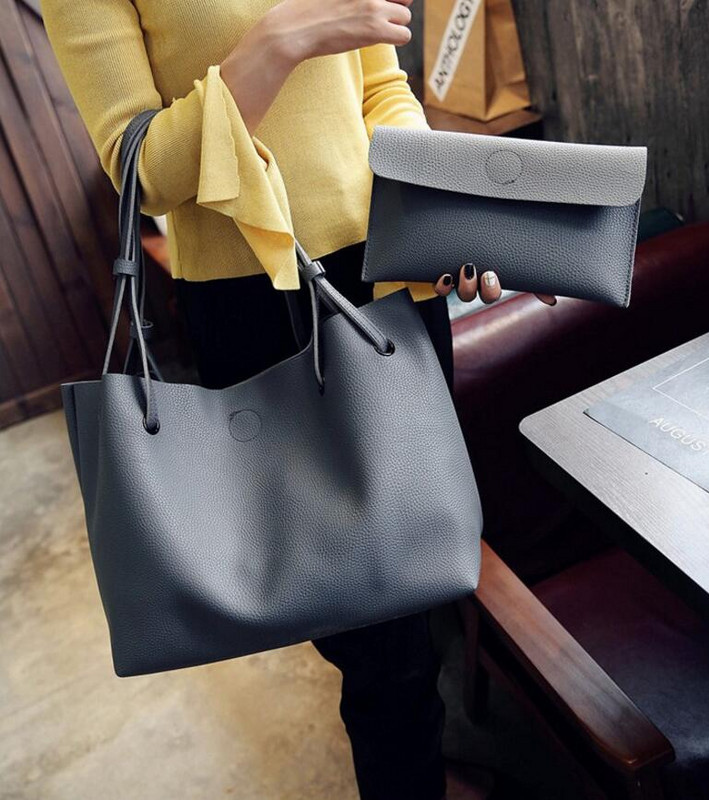 Új divat sima nagy fekete kézitáska szett 2 női rózsaszín bevásárlótáska női szürke barna kuplung táskák pénztárcák és kézitáskák