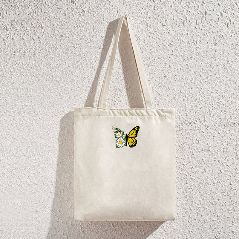 Γράμματα πεταλούδας τυπωμένες τσάντες αγορών Γυναικείες τσάντες ώμου από βαμβακερό καμβά Γυναικείες οικολογικές επαναχρησιμοποιούμενες τσάντες παντοπωλείου