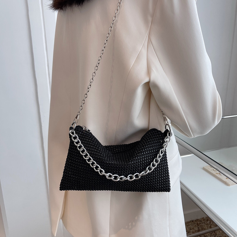 Moodne Rhinestone õlakott Särava disainiga ketiga õlakott naistele kaasaskantav käekott Tänavarõivad Glitter Teemantkott