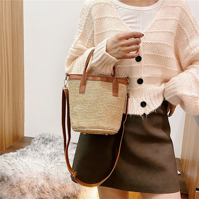 Naiste kootud kandekott Naiste käsitsi kootud käekott rotangist kott Suure mahutavusega nöör vabaaja rannas õlgõlg rist kehaga kott