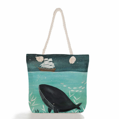 Τσάντες ώμου Sea Series Χαριτωμένα τσάντες με στάμπα με κορίτσι φάλαινας Λινά γυναικείες τσάντες υψηλής χωρητικότητας Ταξιδιωτικές τσάντες παραλίας Νέα οικολογική τσάντα αγορών