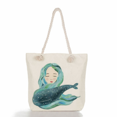 Τσάντες ώμου Sea Series Χαριτωμένα τσάντες με στάμπα με κορίτσι φάλαινας Λινά γυναικείες τσάντες υψηλής χωρητικότητας Ταξιδιωτικές τσάντες παραλίας Νέα οικολογική τσάντα αγορών