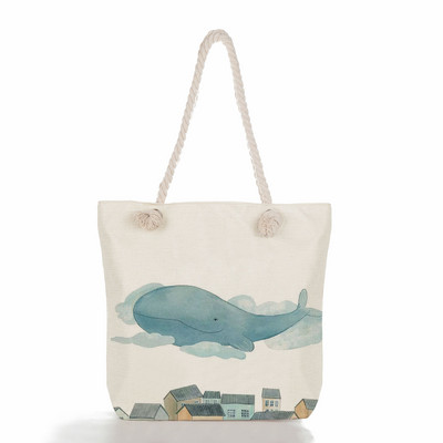 Τσάντες ώμου Sea Series Χαριτωμένα τσάντες με στάμπα με κορίτσι φάλαινας Λινά γυναικείες τσάντες υψηλής χωρητικότητας Ταξιδιωτικές τσάντες παραλίας Νέα οικολογική τσάντα αγορών