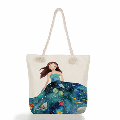 Τσάντες ώμου Sea Series Χαριτωμένα τσάντες με στάμπα με κορίτσι φάλαινας Λινά γυναικείες τσάντες υψηλής χωρητικότητας Ταξιδιωτικές τσάντες παραλίας Νέα οικολογική τσάντα αγορών