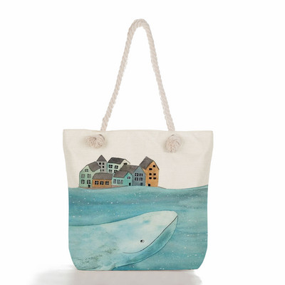 Τσάντες ώμου Sea Series Χαριτωμένα τσάντες με στάμπα με κορίτσι φάλαινας Λινά γυναικείες τσάντες υψηλής χωρητικότητας Ταξιδιωτικές τσάντες παραλίας Νέα οικολογική τσάντα αγορών