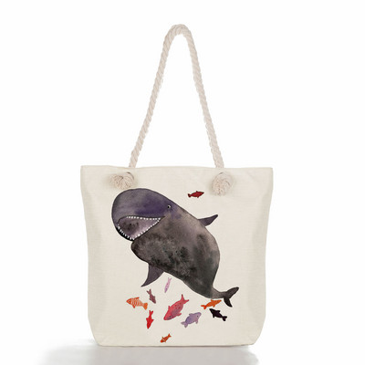 Τσάντες ώμου Sea Series Χαριτωμένα τσάντες με στάμπα με κορίτσι φάλαινας Λινά γυναικείες τσάντες υψηλής χωρητικότητας Ταξιδιωτικές τσάντες παραλίας Νέα οικολογική τσάντα αγορών