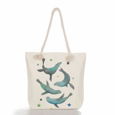 Τσάντες ώμου Sea Series Χαριτωμένα τσάντες με στάμπα με κορίτσι φάλαινας Λινά γυναικείες τσάντες υψηλής χωρητικότητας Ταξιδιωτικές τσάντες παραλίας Νέα οικολογική τσάντα αγορών