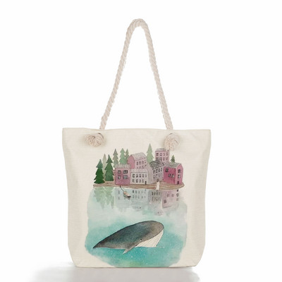 Τσάντες ώμου Sea Series Χαριτωμένα τσάντες με στάμπα με κορίτσι φάλαινας Λινά γυναικείες τσάντες υψηλής χωρητικότητας Ταξιδιωτικές τσάντες παραλίας Νέα οικολογική τσάντα αγορών