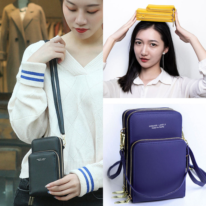 Kaasaskantav PU-nahast õlakott Ühevärviline mobiiltelefoni kaardihoidjad Rahakoti rihmad Taskud Käekotid Naistele Tüdrukutele