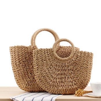 Кръгла сламена плажна чанта Винтидж ръчно изработена тъкана чанта за през рамо Кръг от рафия Чанти от ратан Бохемски летни ваканционни ежедневни чанти