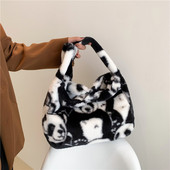 Cartoon Panda Print õlakott Naiste pehme plüüsist käekott Pehme kunstkarusnahast Clutch Designer kotid Luksuslik suure mahutavusega rahakott