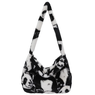Cartoon Panda Print õlakott Naiste pehme plüüsist käekott Pehme kunstkarusnahast Clutch Designer kotid Luksuslik suure mahutavusega rahakott