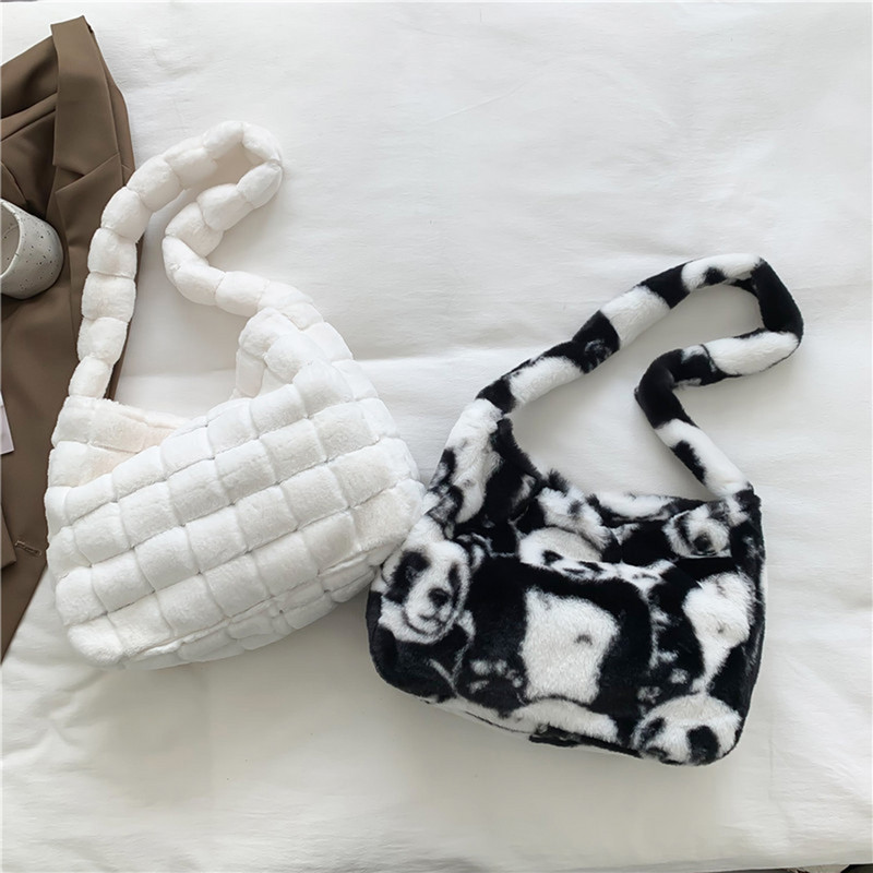 Cartoon Panda Print õlakott Naiste pehme plüüsist käekott Pehme kunstkarusnahast Clutch Designer kotid Luksuslik suure mahutavusega rahakott