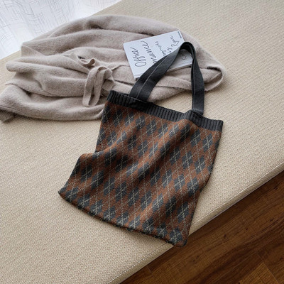 YoReAi naiste ostukott Kudumine Pehmed õlakotid Naiste käekotid Pleed Sügishoid Korduvkasutatav kerge kandekott