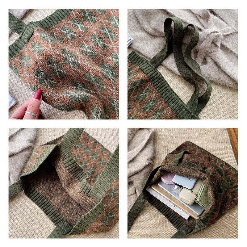 YoReAi naiste ostukott Kudumine Pehmed õlakotid Naiste käekotid Pleed Sügishoid Korduvkasutatav kerge kandekott