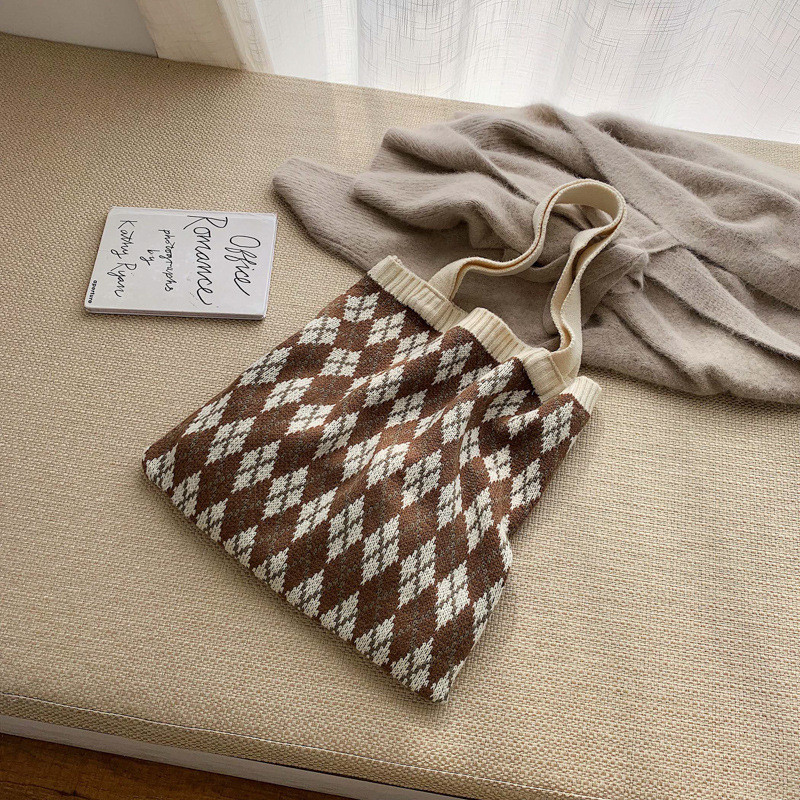 YoReAi naiste ostukott Kudumine Pehmed õlakotid Naiste käekotid Pleed Sügishoid Korduvkasutatav kerge kandekott