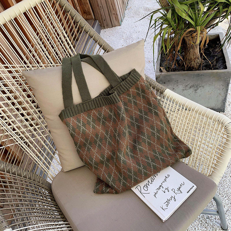 YoReAi naiste ostukott Kudumine Pehmed õlakotid Naiste käekotid Pleed Sügishoid Korduvkasutatav kerge kandekott